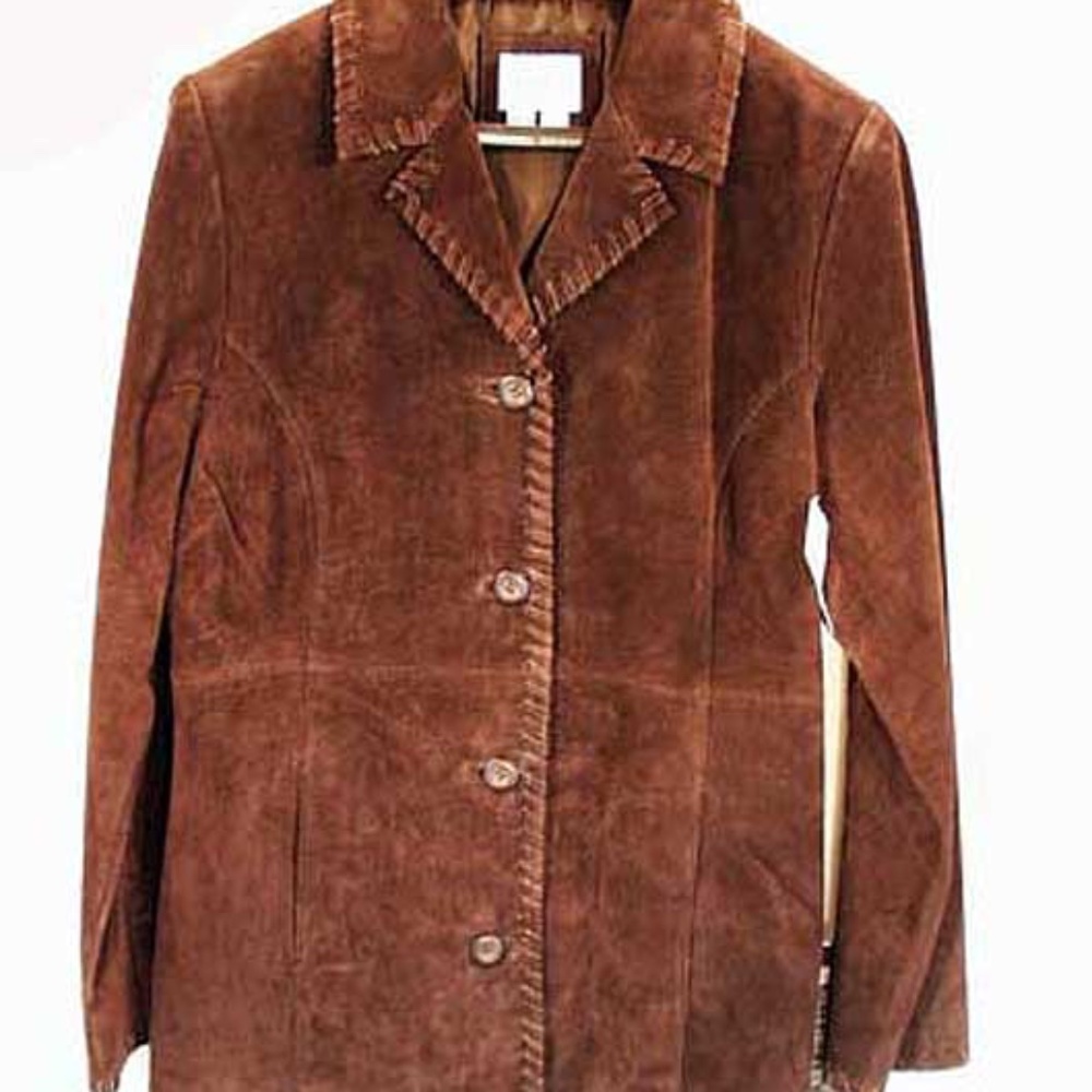 WASHABLE SUEDE JACKET, DARK BROWN, SIZE MEDIUM, WHIPSTITCH LACE, TWO POCKETS,